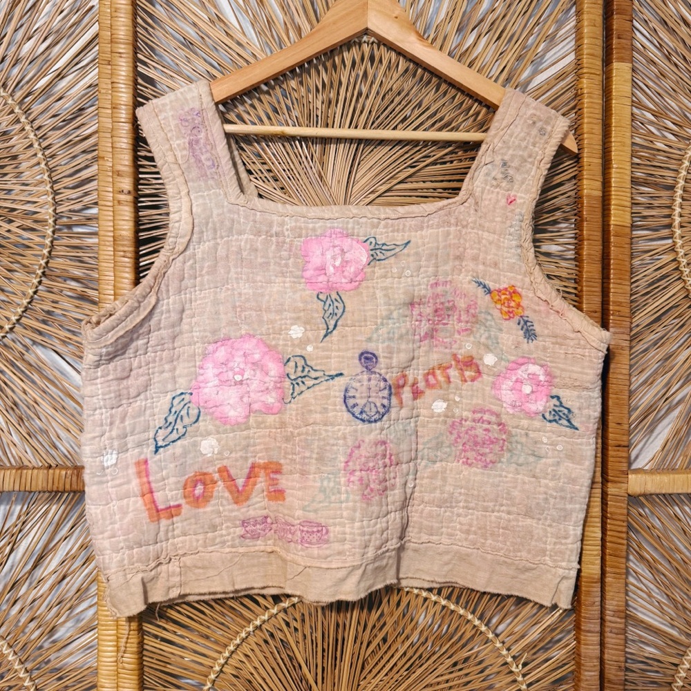 Handmade Tea Dyed Floral Art Quilted Tank Top, O/S